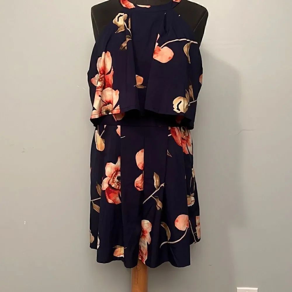 Women's Navy Blue Floral Pull On Halter Neck Sleeveless Romper